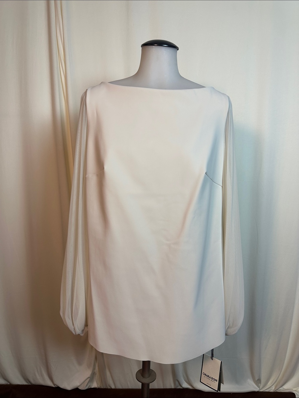 Chiara Boni Ivory Boatneck Tunic with Sheer Bishop Sleeves